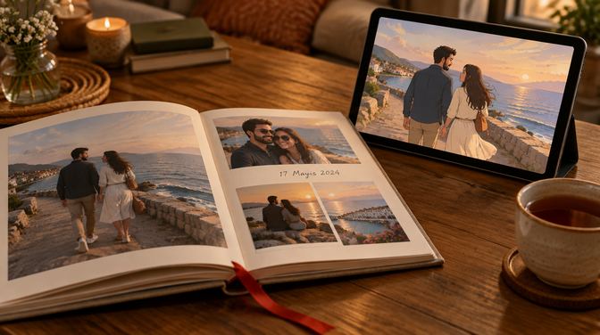 Masada açık keten kapaklı fotoğraf albümü ve yanında aynı anıların animasyon sürümünü oynatan tablet