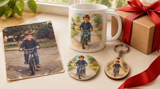Solmuş çocukluk fotoğrafı ve aynı çocuğun çizim sürümünün basıldığı kupa, magnet ve ahşap anahtarlık