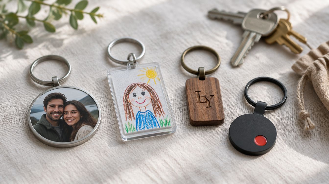 Kemik beyazı yüzeyde fotoğraflı metal, çizimli akrilik, monogramlı ahşap ve kırmızı noktalı siyah anahtarlıklar; yanında ev anahtarları