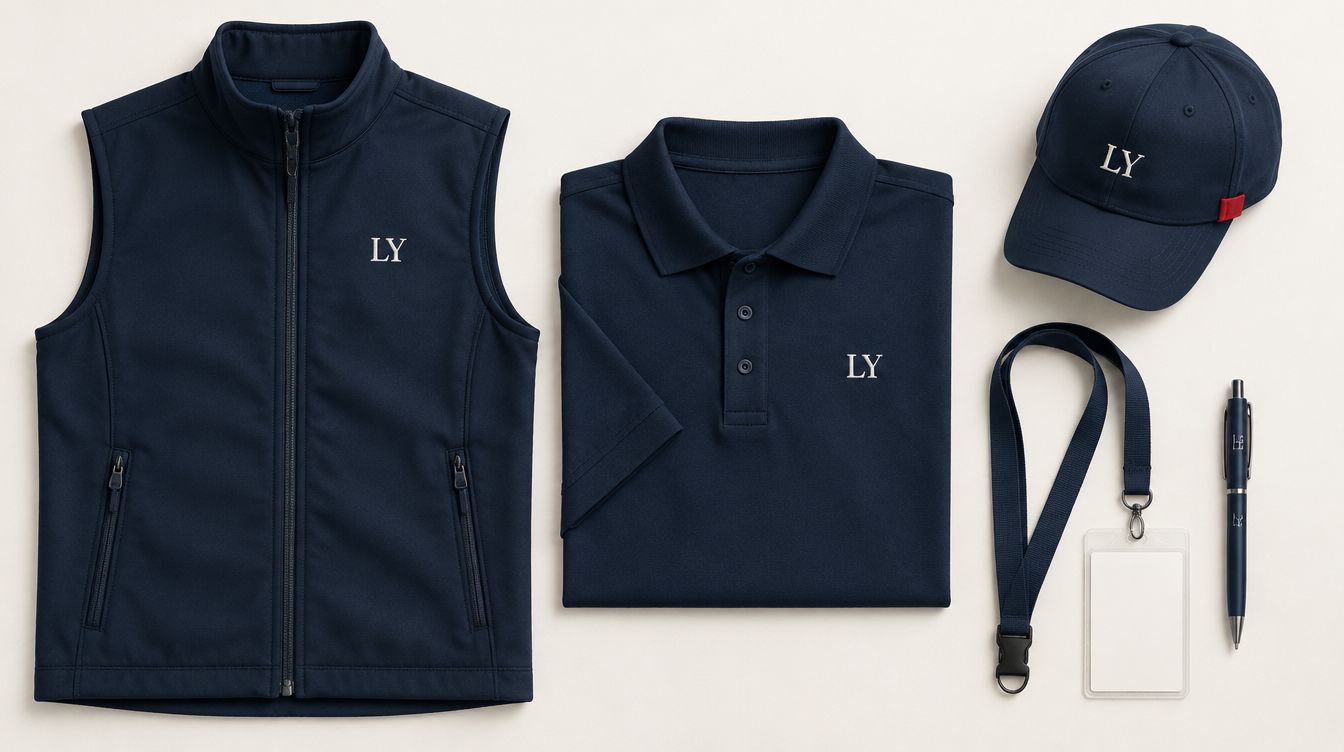 Lacivert yelek, polo tişört ve şapkada aynı LY monogramı; yaka kartı ve kalemle kurumsal ekip seti