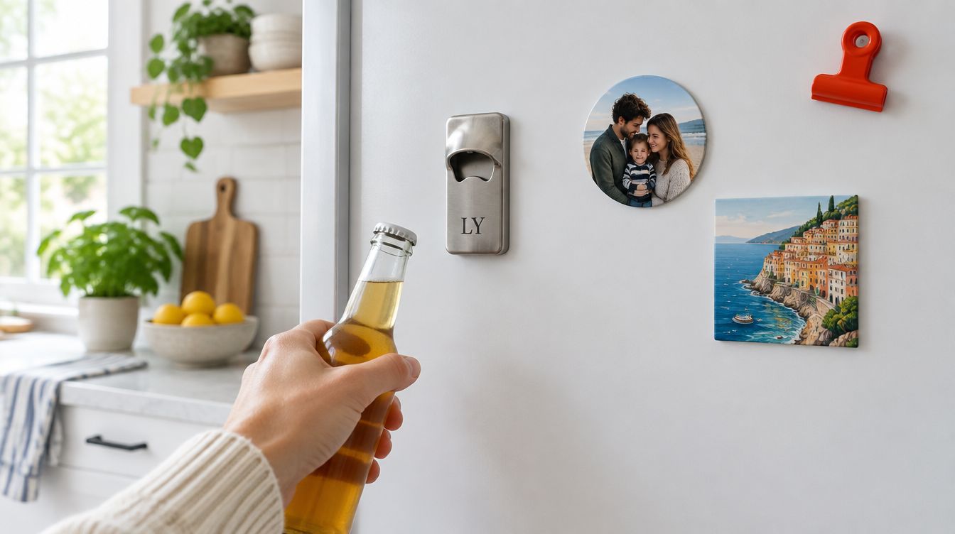 Beyaz buzdolabı kapısında LY monogramlı çelik magnet açacak, yanında aile fotoğraflı yuvarlak magnet ve sahil çizimli kare magnet