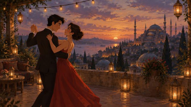 Nişan için hazırlanmış el çizimi animasyon karesi: gün batımında teras üzerinde dans eden çift