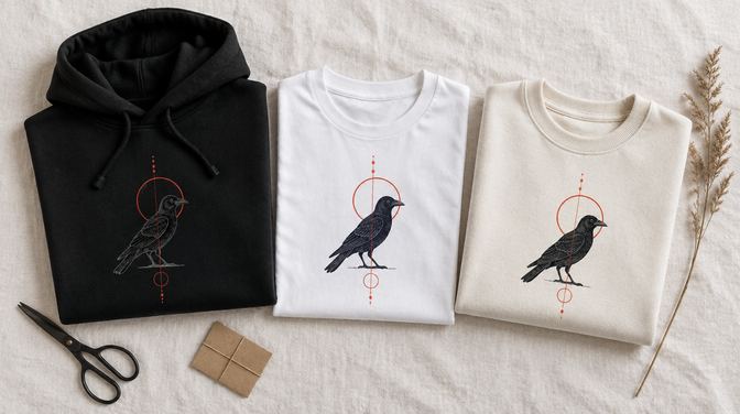Karga çizimi baskılı siyah hoodie, beyaz tişört ve krem sweatshirt düz yatış çekimi