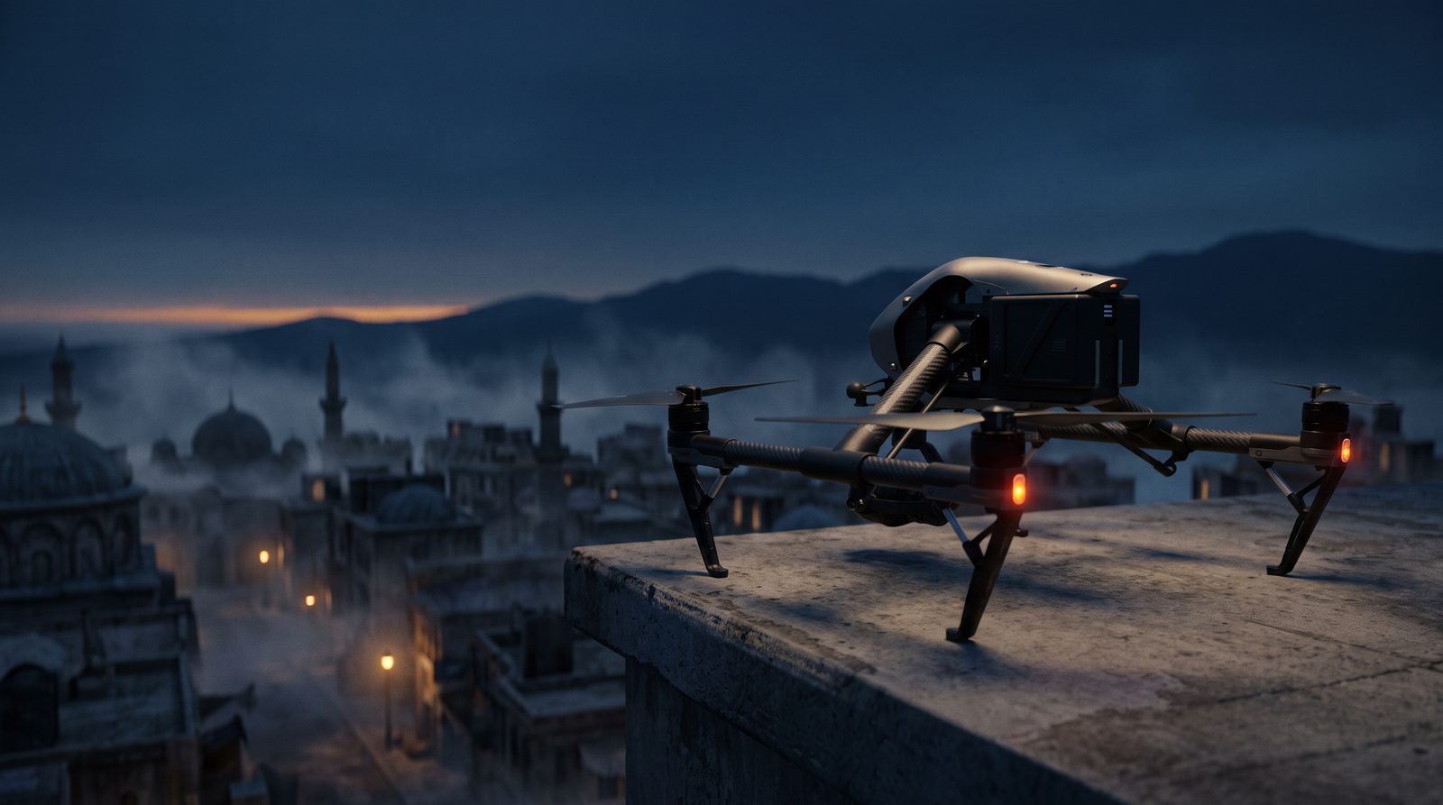Şafakta çatı kenarında duran sinema dronu, arkada sisli şehir
