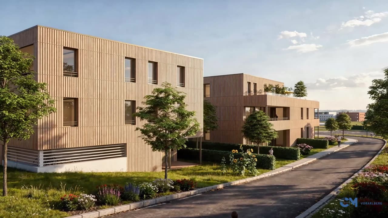 CM Vorarlberg konut projesi 3D animasyonundan dış cephe karesi