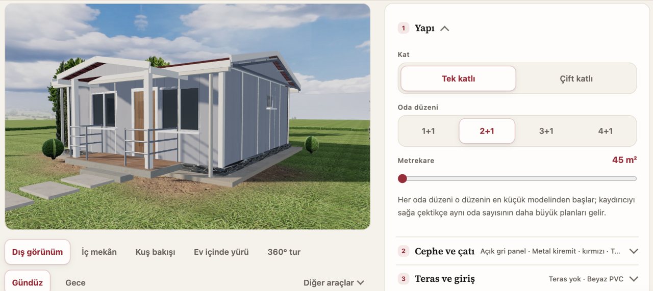 Aktaş Prefabrik 3B ev tasarlayıcısı: tek katlı 2+1 model ve seçim paneli