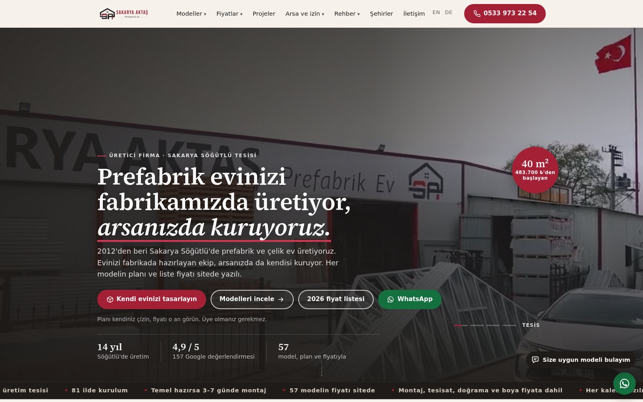 aktasprefabrikev.com ana sayfası: fabrika görüntüsü ve model vitrini